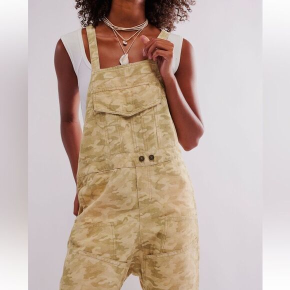 Free People We the Free The Way it Goes Harem Overalls Dusted Olive-Bubbly Camo - Picture 4 of 9